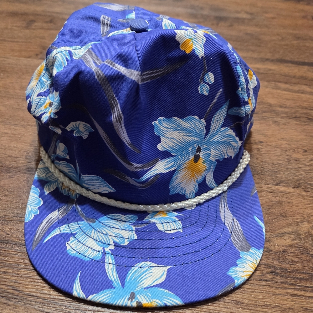 Vintage 80s San Sun Blue Floral Snapback Flat Bill Hat
